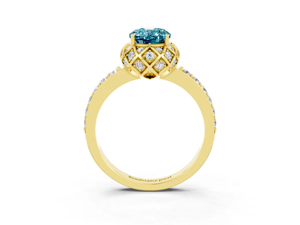 Yellow gold Oval Cut Diamond Solitaire Ring with Shared Prong Pavé Band