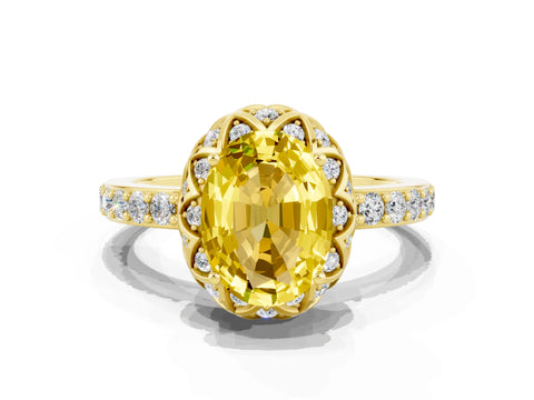 Yellow gold Oval Cut Diamond Solitaire Ring with Shared Prong Pavé Band