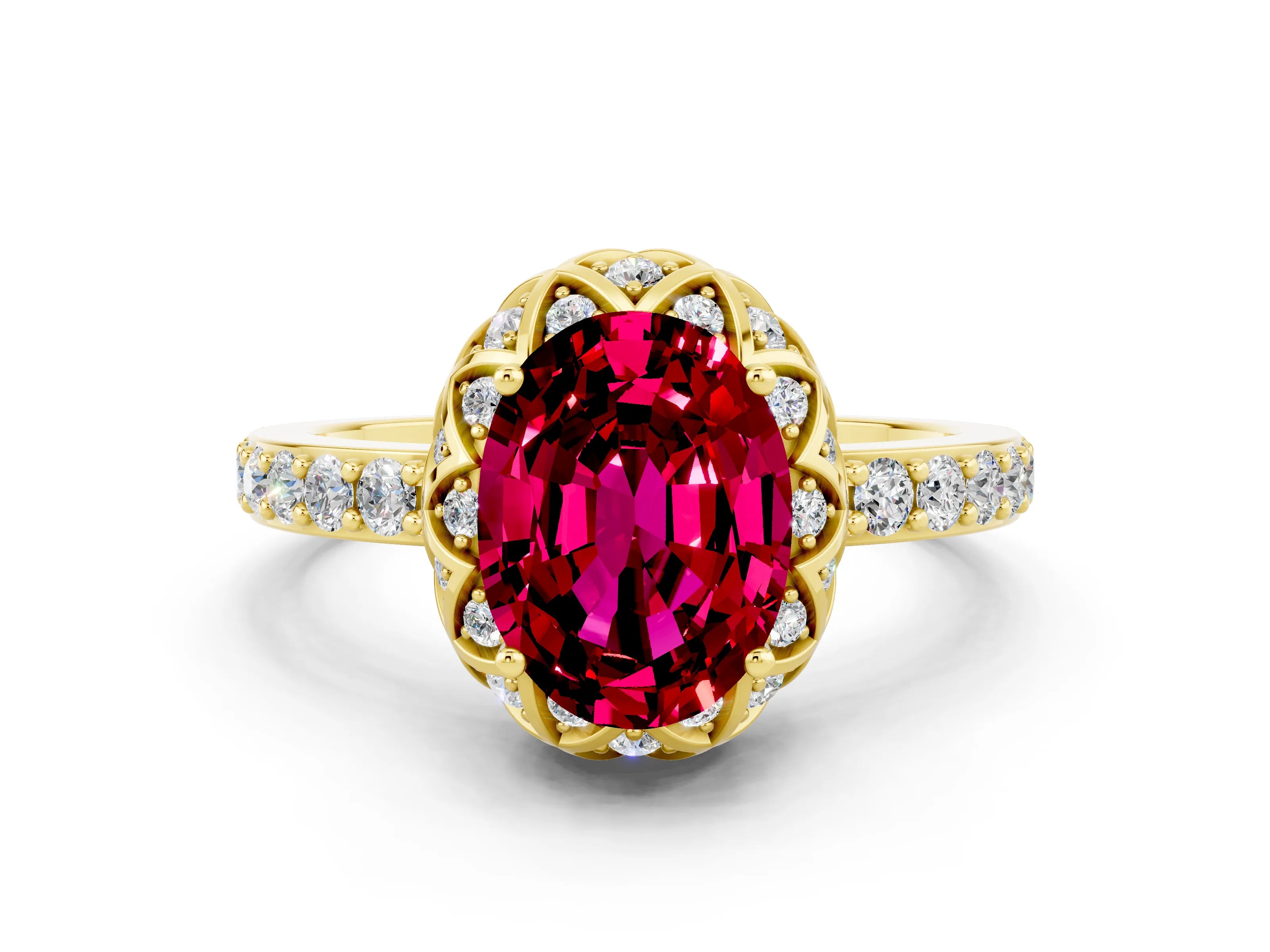 Yellow gold Oval Cut Diamond Solitaire Ring with Shared Prong Pavé Band
