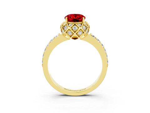 Yellow gold Oval Cut Diamond Solitaire Ring with Shared Prong Pavé Band_3