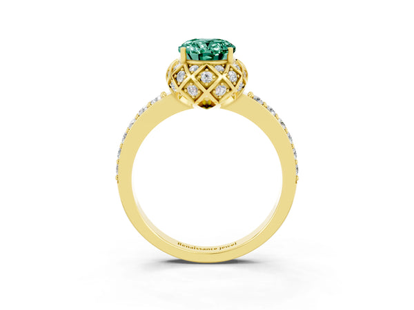Yellow gold Oval Cut Green Sapphire Scalloped Halo Engagement Ring with Round Shared Prong Band
