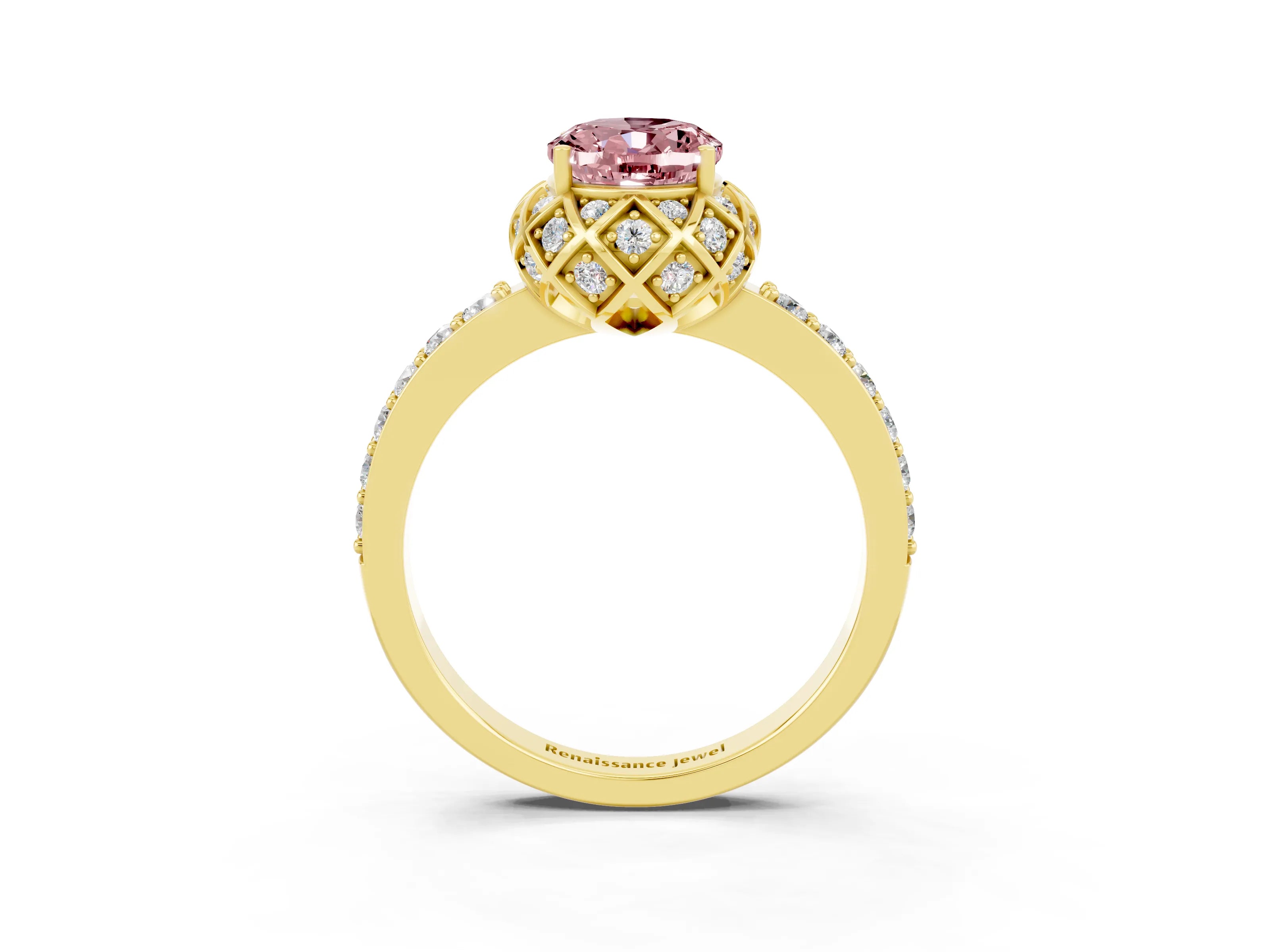 Yellow gold Oval Cut Diamond Solitaire Ring with Shared Prong Pavé Band_3