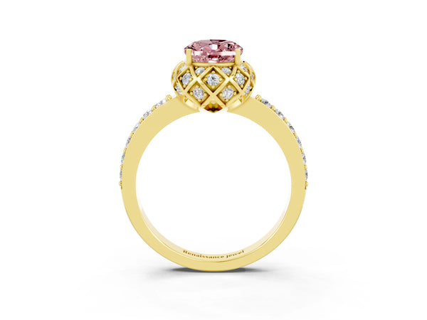 Yellow gold Oval Cut Diamond Solitaire Ring with Shared Prong Pavé Band