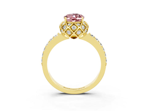 Yellow gold Oval Cut Diamond Solitaire Ring with Shared Prong Pavé Band_3