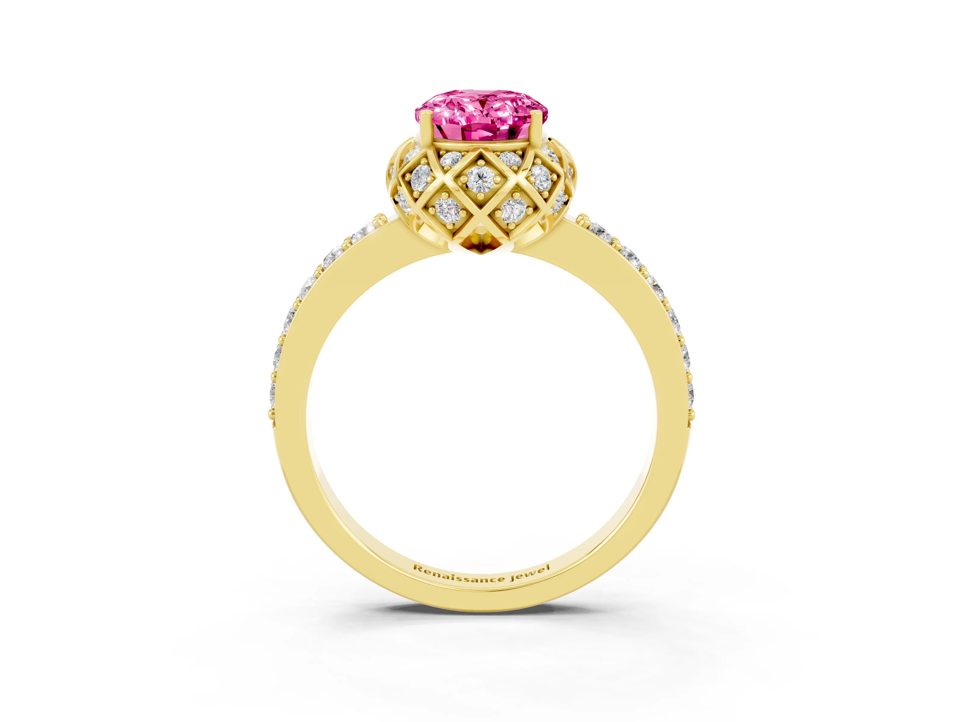 Yellow gold Oval Cut Diamond Solitaire Ring with Shared Prong Pavé Band_3