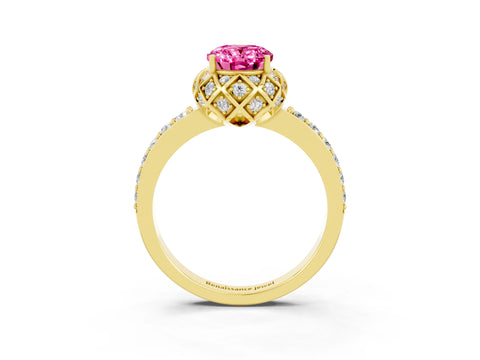 Yellow gold Oval Cut Diamond Solitaire Ring with Shared Prong Pavé Band_3