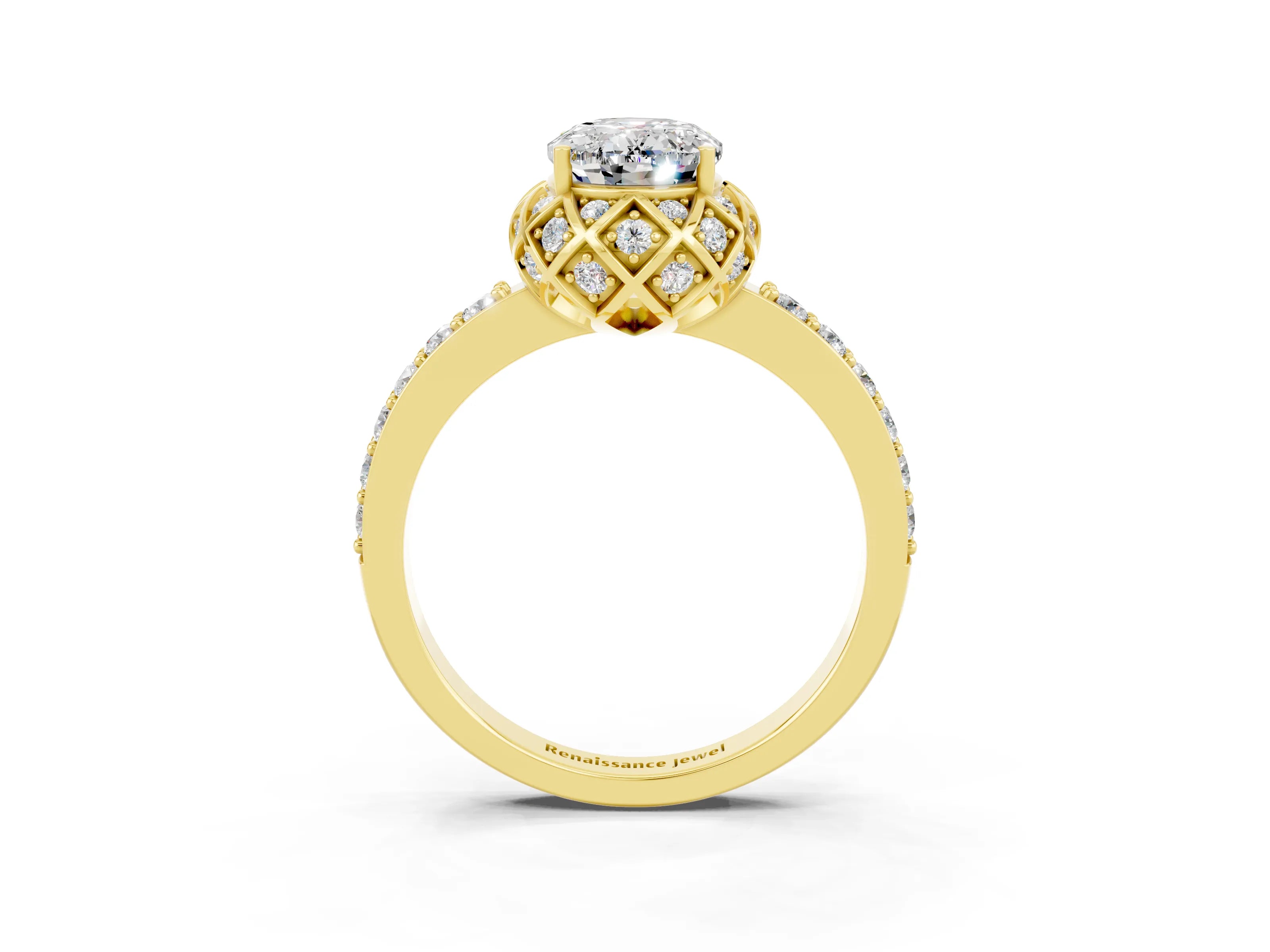 Yellow gold Oval Cut Diamond Solitaire Ring with Shared Prong Pavé Band_3