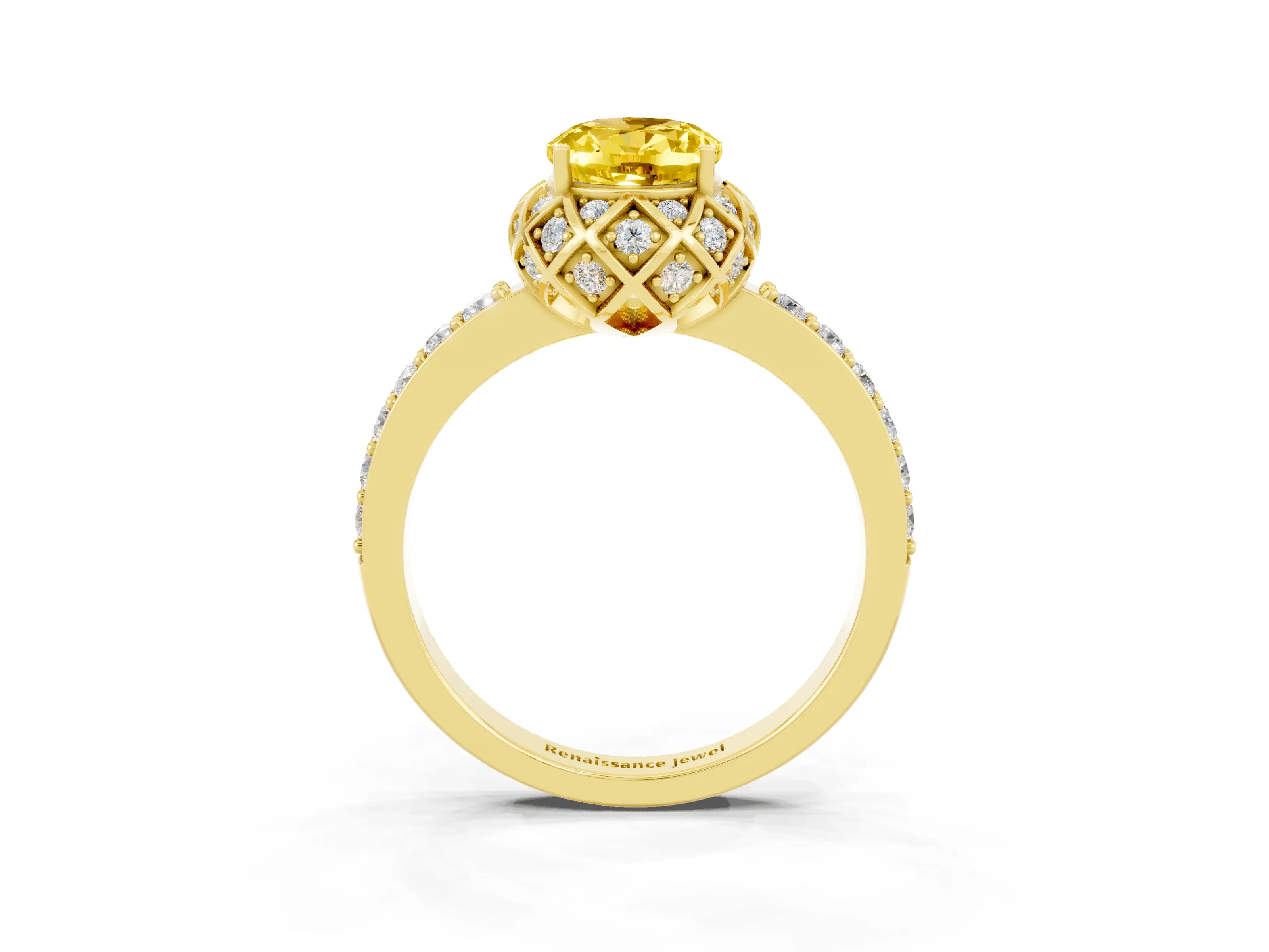 Yellow gold Oval Cut Diamond Solitaire Ring with Shared Prong Pavé Band_3