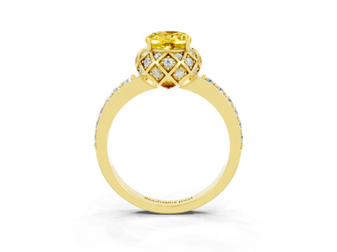 Yellow gold Oval Cut Diamond Solitaire Ring with Shared Prong Pavé Band_3