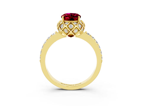 Yellow gold Oval Cut Diamond Solitaire Ring with Shared Prong Pavé Band_3