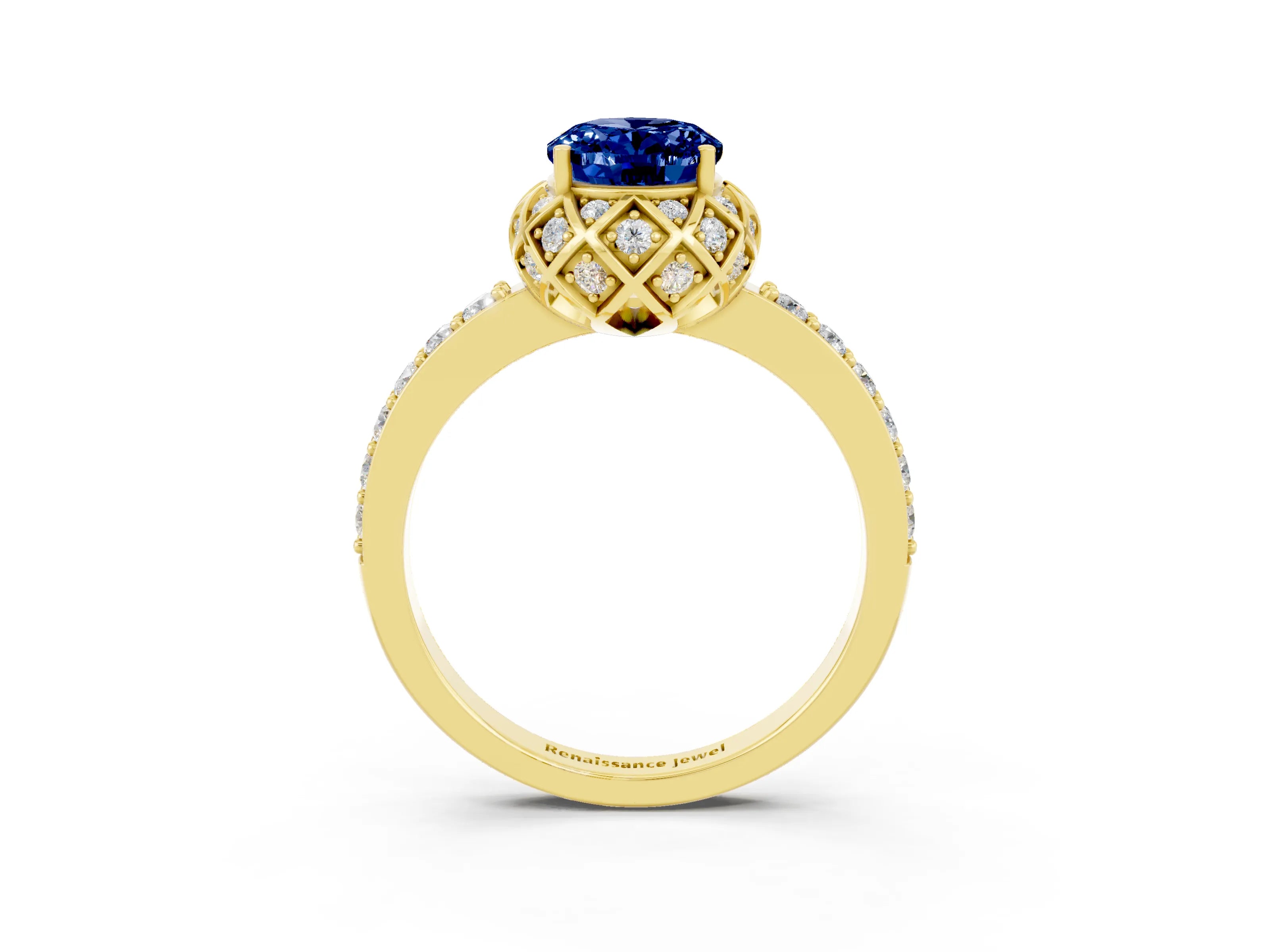 Yellow gold Oval Cut Diamond Solitaire Ring with Shared Prong Pavé Band_3