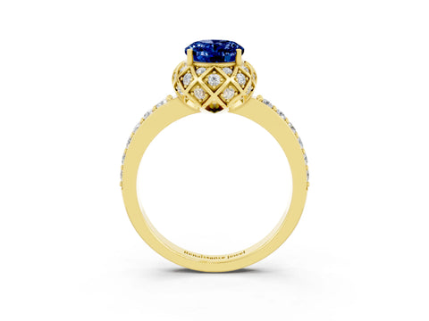 Yellow gold Oval Cut Diamond Solitaire Ring with Shared Prong Pavé Band_3