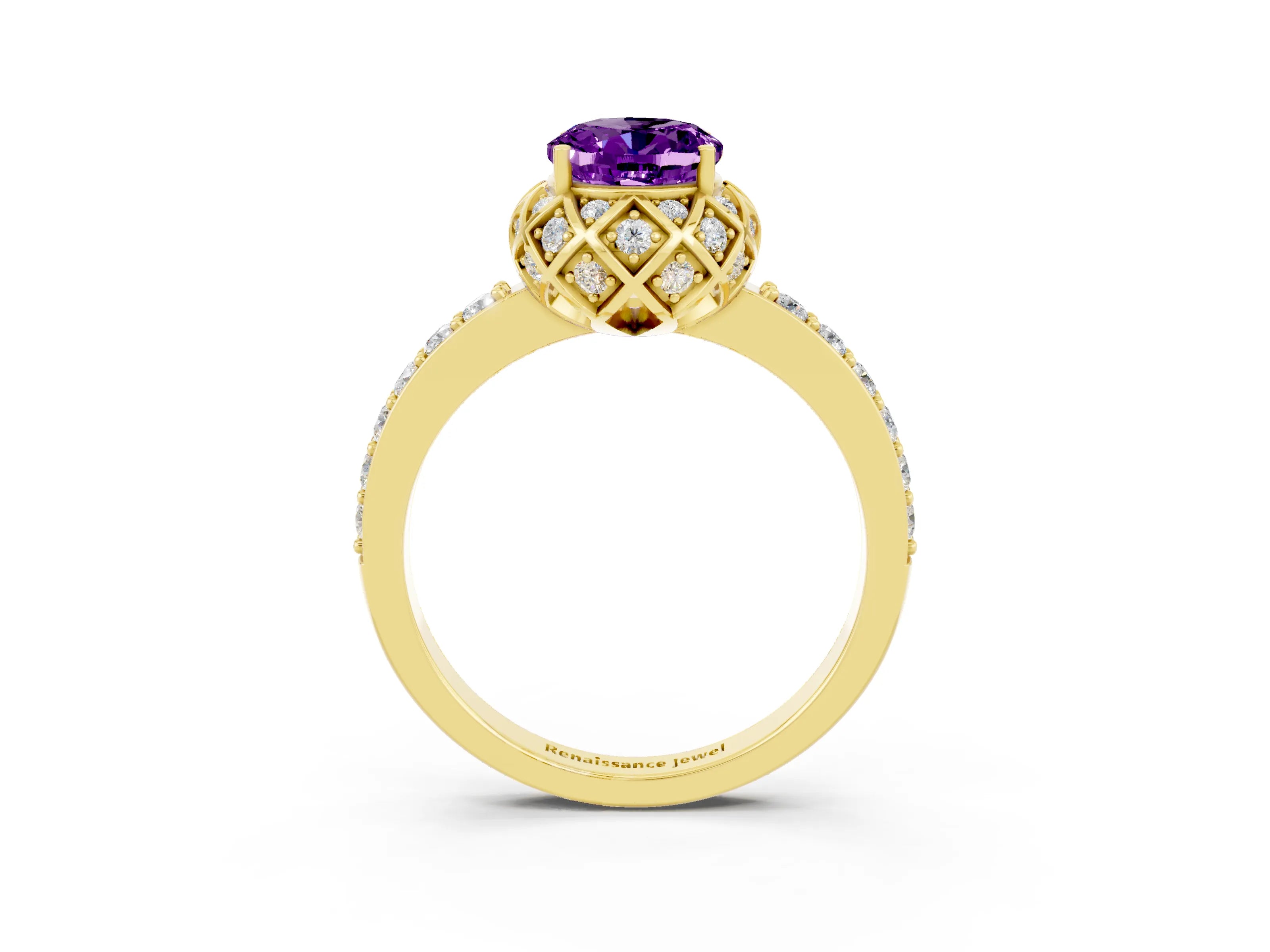 Yellow gold Oval Cut Diamond Solitaire Ring with Shared Prong Pavé Band_3