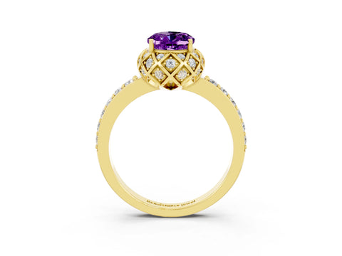 Yellow gold Oval Cut Diamond Solitaire Ring with Shared Prong Pavé Band_3