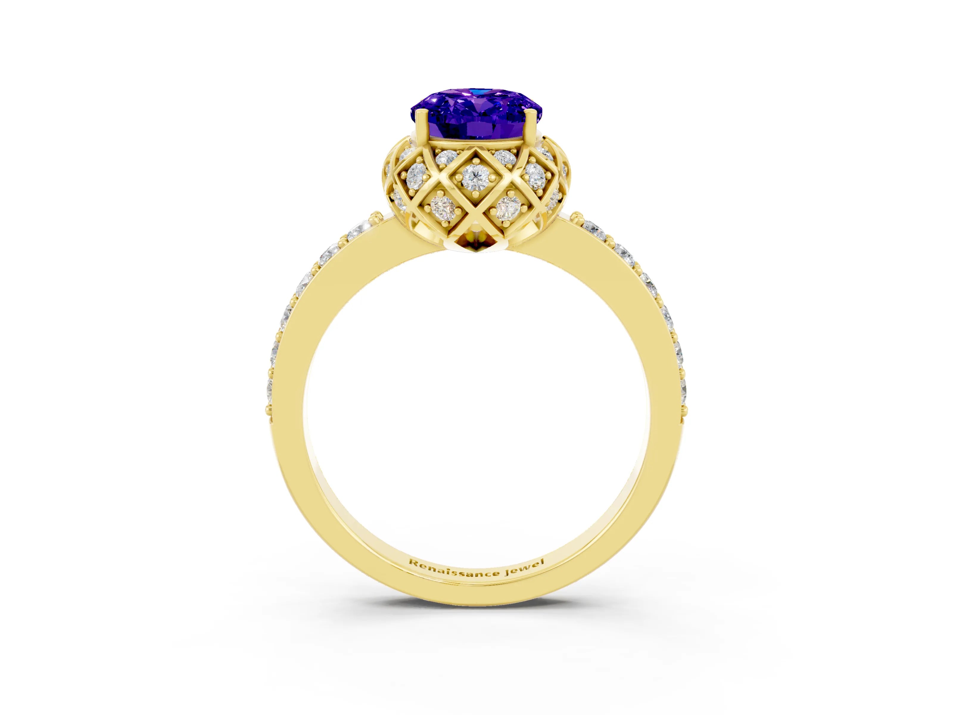Yellow gold Oval Cut Diamond Solitaire Ring with Shared Prong Pavé Band_3