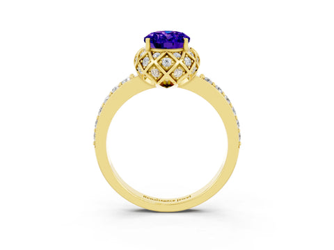 Yellow gold Oval Cut Diamond Solitaire Ring with Shared Prong Pavé Band_3
