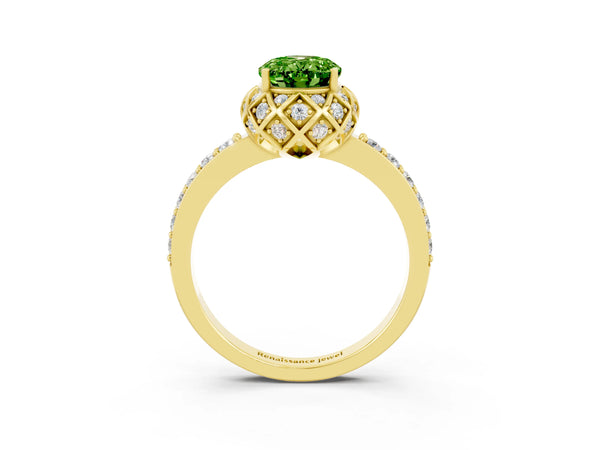 Yellow gold Oval Cut Diamond Solitaire Ring with Shared Prong Pavé Band