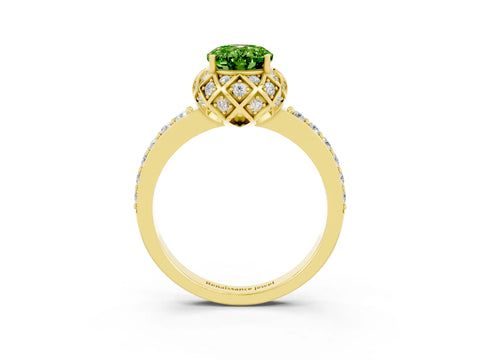 Yellow gold Oval Cut Diamond Solitaire Ring with Shared Prong Pavé Band_3