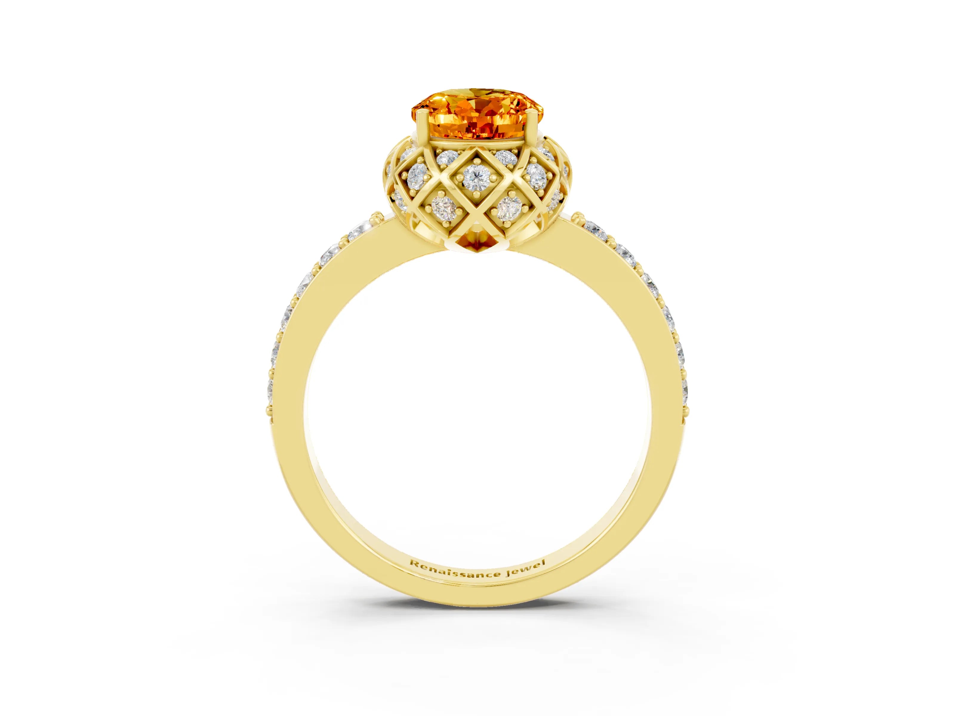 Yellow gold Oval Cut Diamond Solitaire Ring with Shared Prong Pavé Band_3