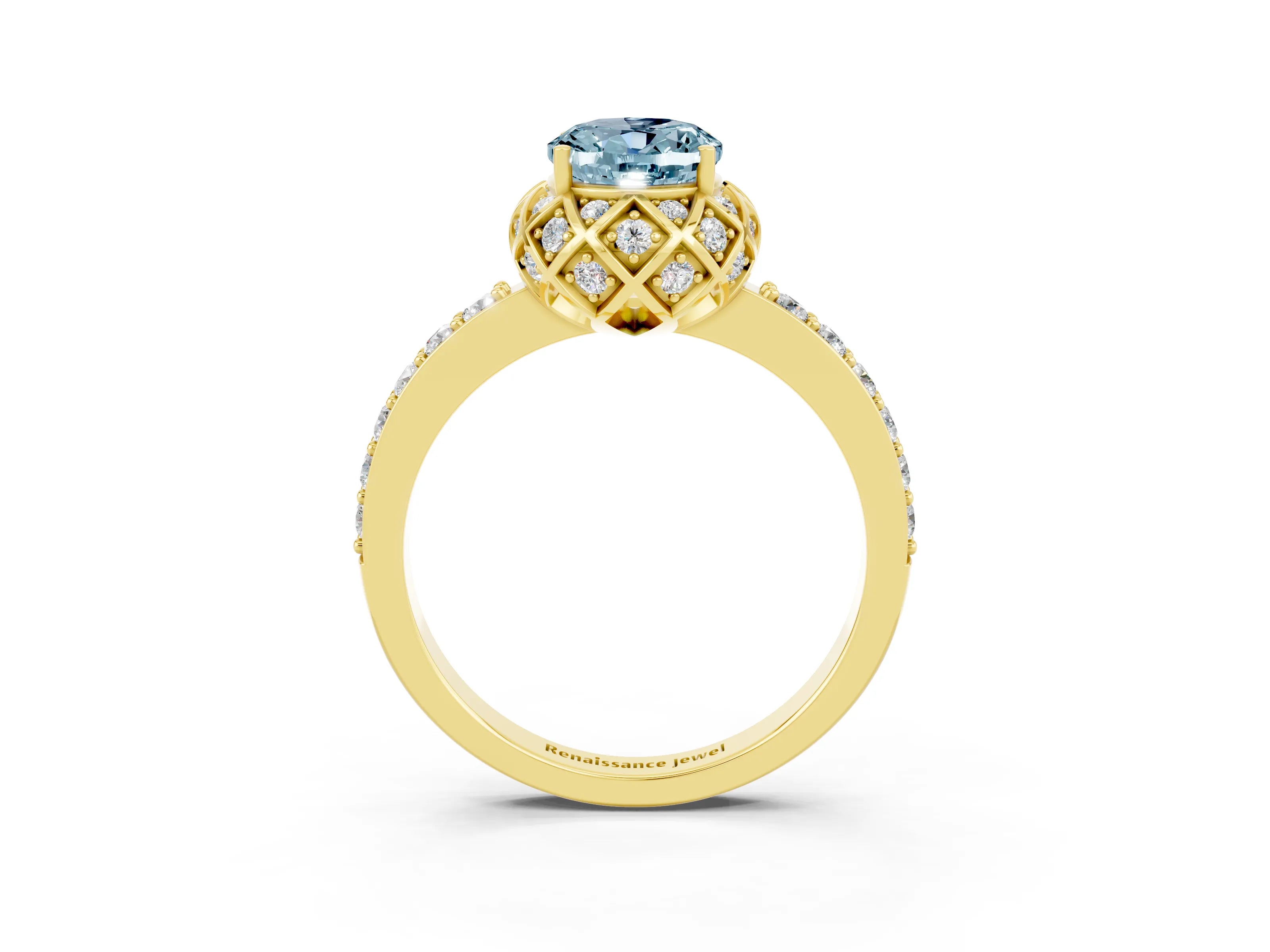 Yellow gold Oval Cut Diamond Solitaire Ring with Shared Prong Pavé Band_3