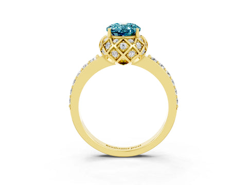 Yellow gold Oval Cut Diamond Solitaire Ring with Shared Prong Pavé Band_3