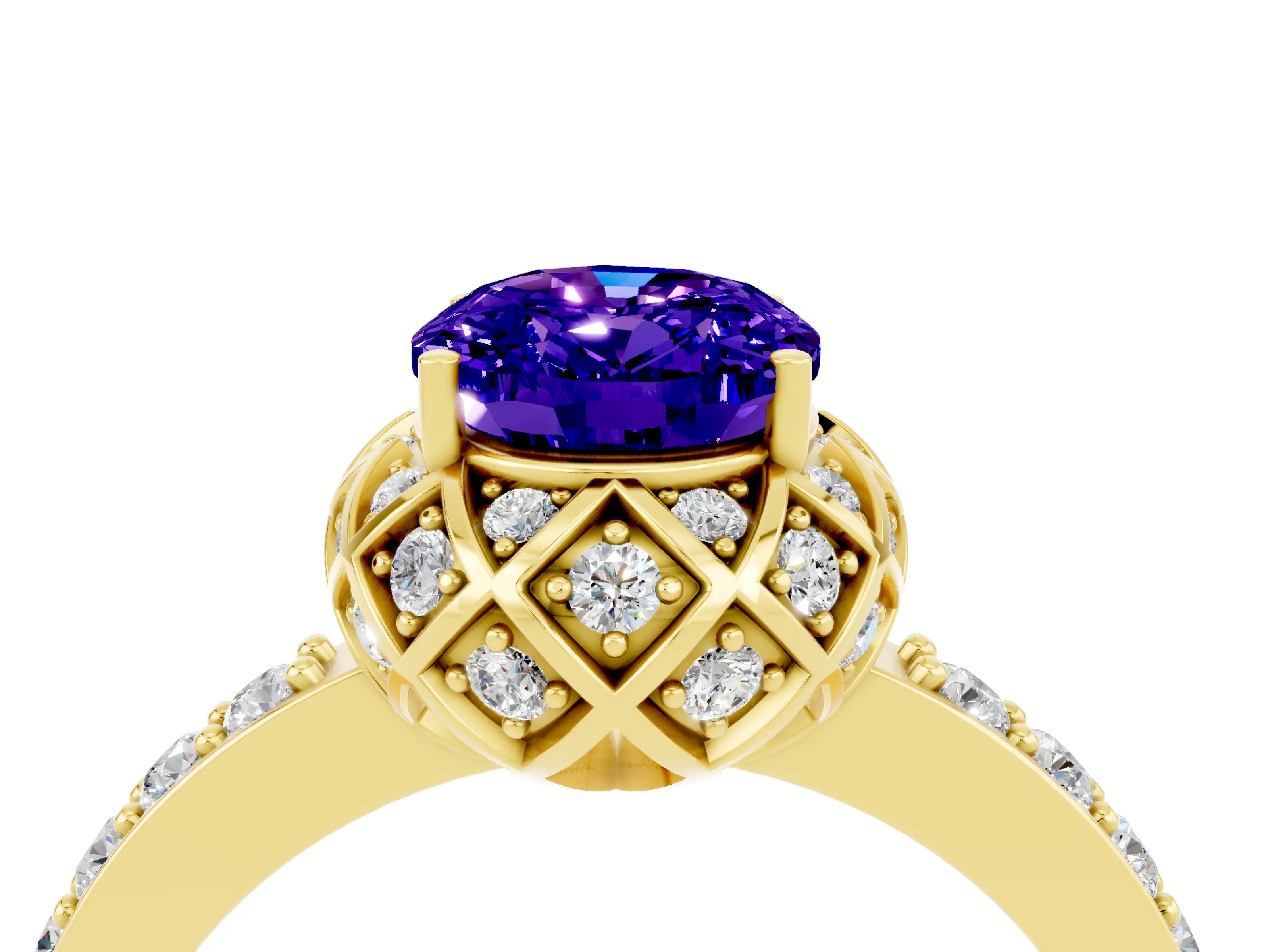 Yellow gold Oval Cut Diamond Solitaire Ring with Shared Prong Pavé Band_4