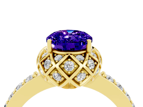 Yellow gold Oval Cut Diamond Solitaire Ring with Shared Prong Pavé Band_4