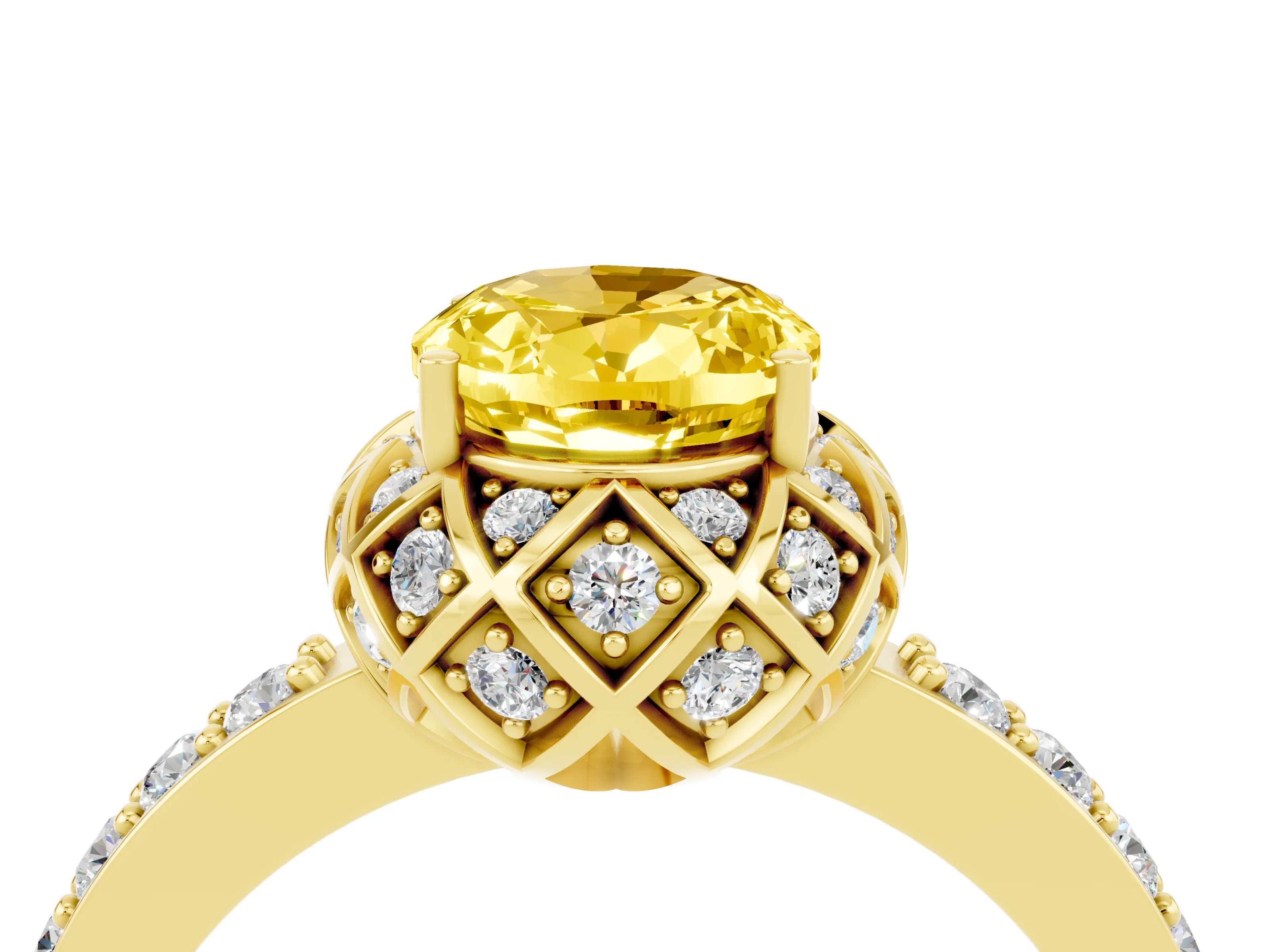 Yellow gold Oval Cut Diamond Solitaire Ring with Shared Prong Pavé Band_4