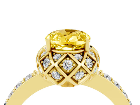 Yellow gold Oval Cut Diamond Solitaire Ring with Shared Prong Pavé Band_4