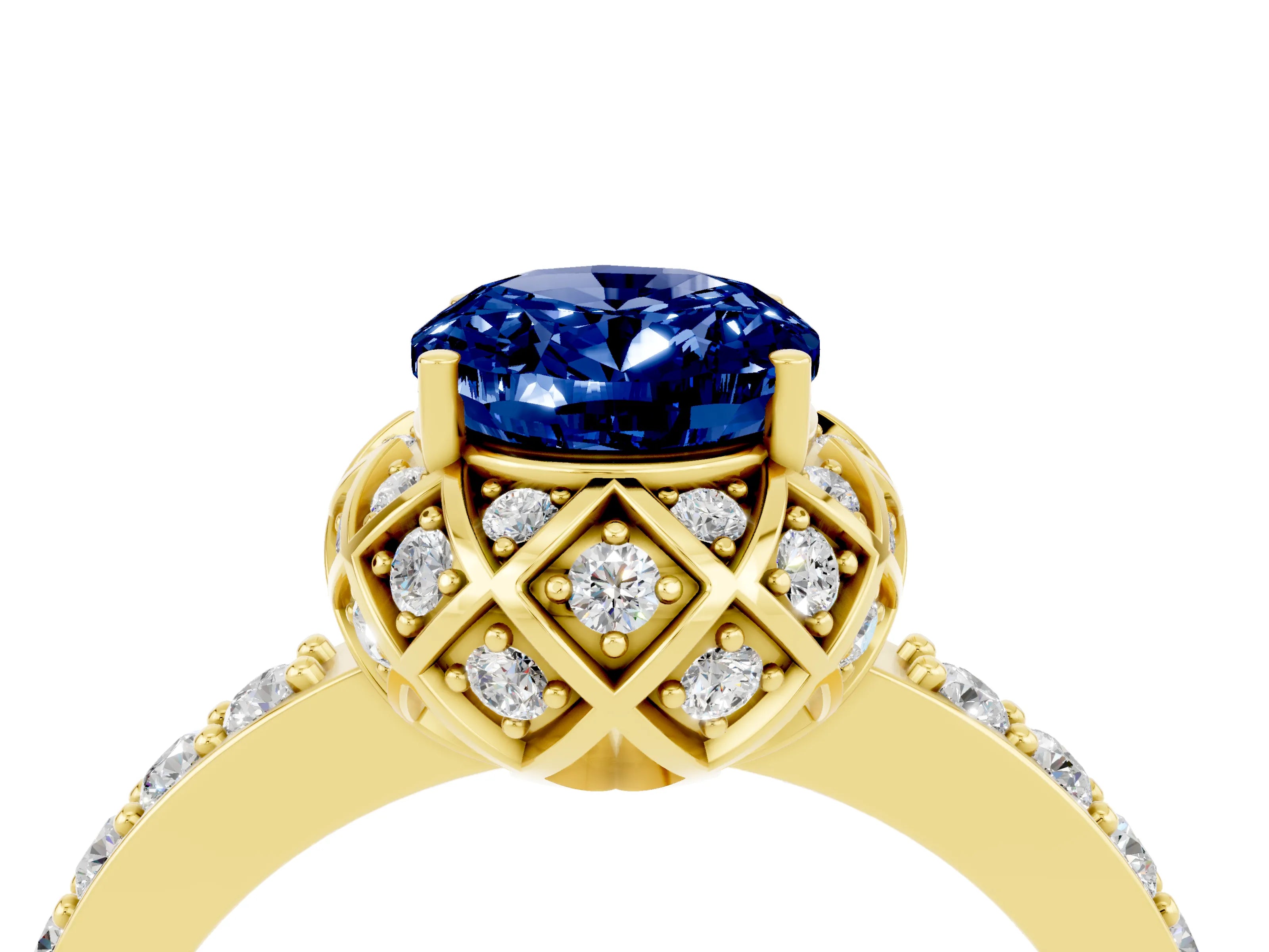 Yellow gold Oval Cut Diamond Solitaire Ring with Shared Prong Pavé Band_4