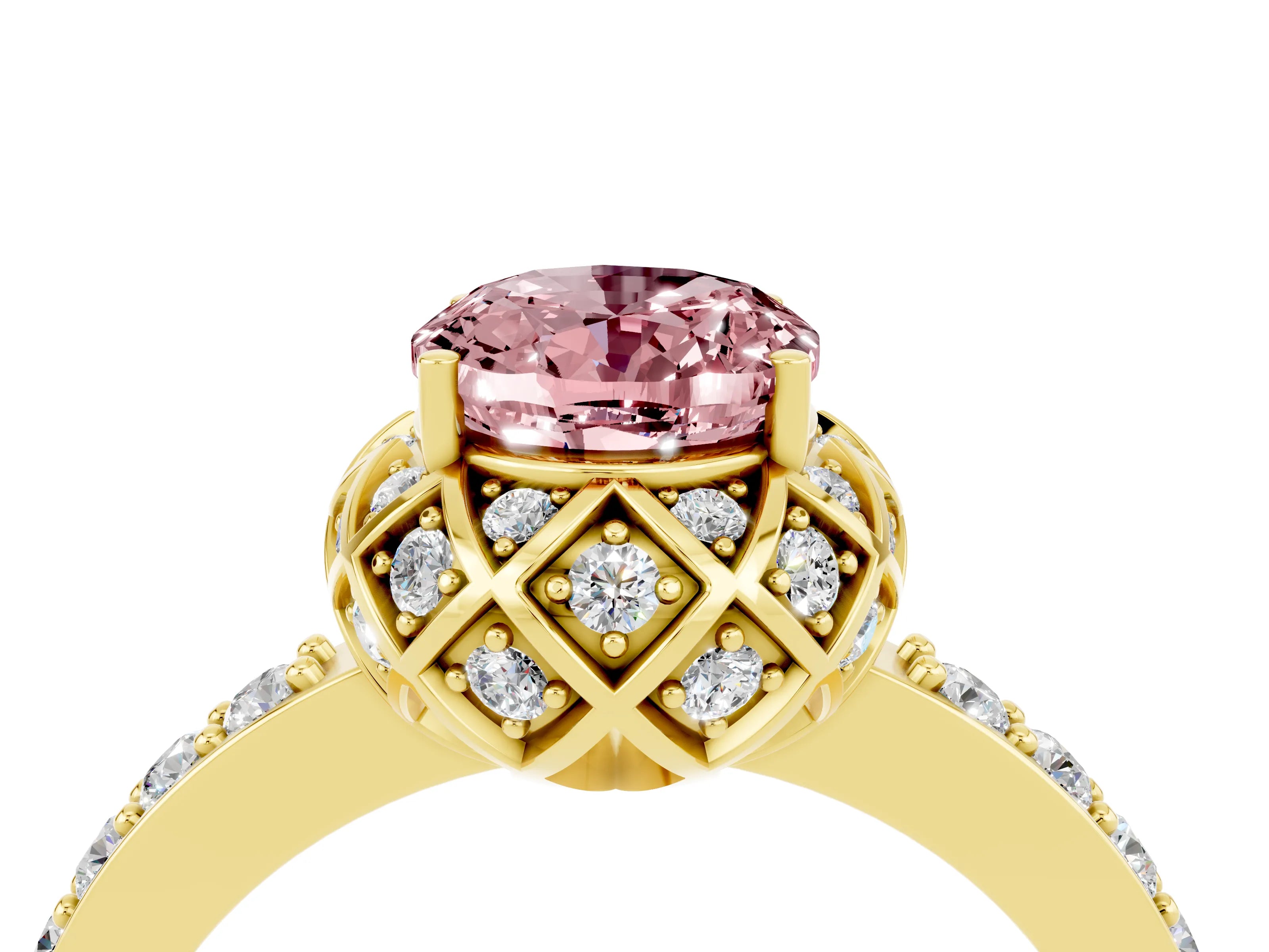 Yellow gold Oval Cut Diamond Solitaire Ring with Shared Prong Pavé Band_4