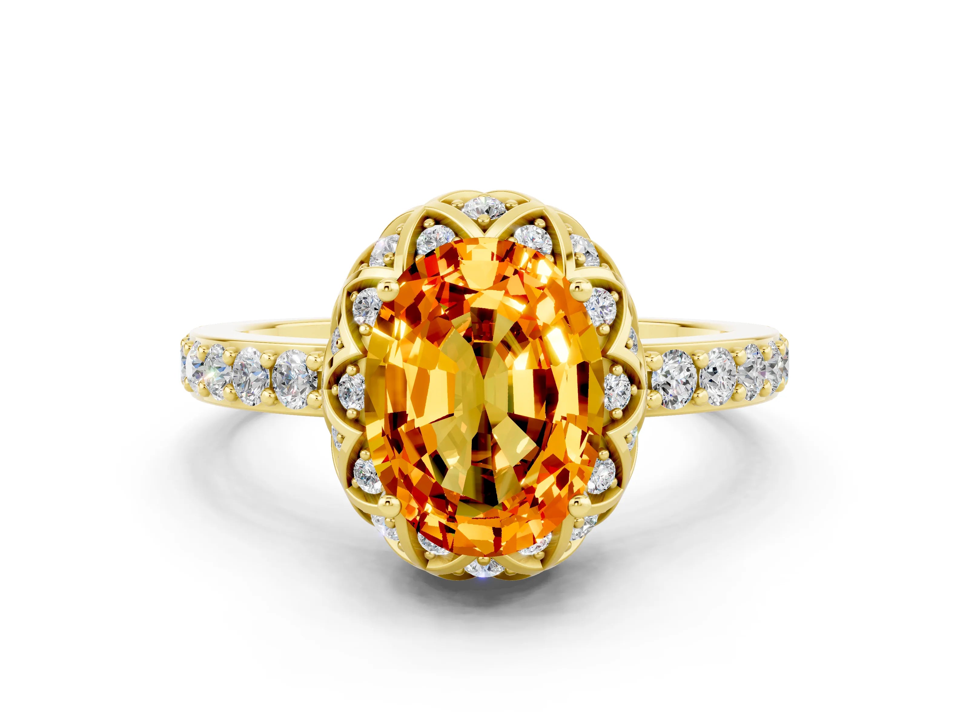 Yellow gold Oval Cut Diamond Solitaire Ring with Shared Prong Pavé Band