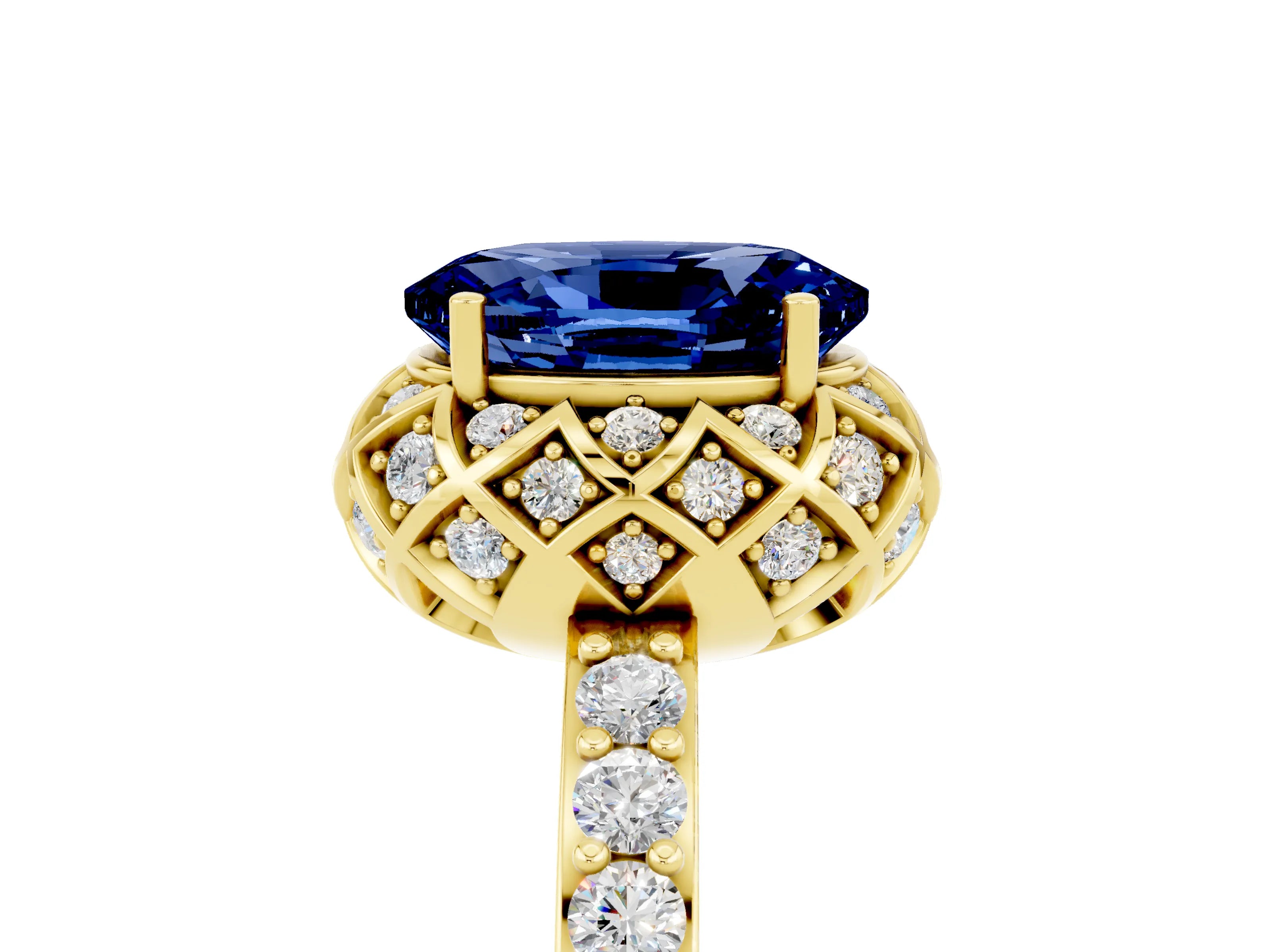 Yellow gold Oval Cut Diamond Solitaire Ring with Shared Prong Pavé Band_5