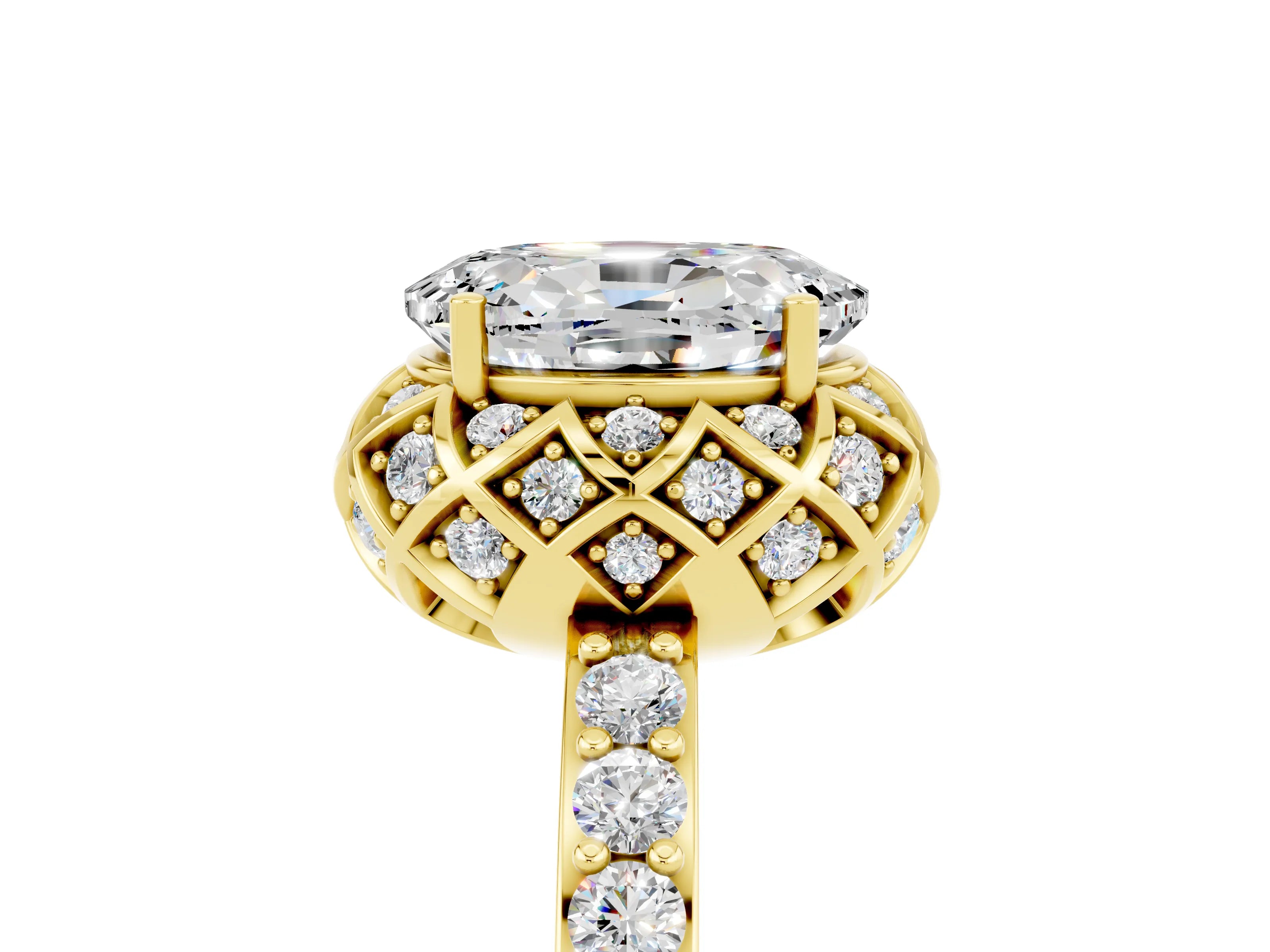 Yellow gold Oval Cut Diamond Solitaire Ring with Shared Prong Pavé Band_5