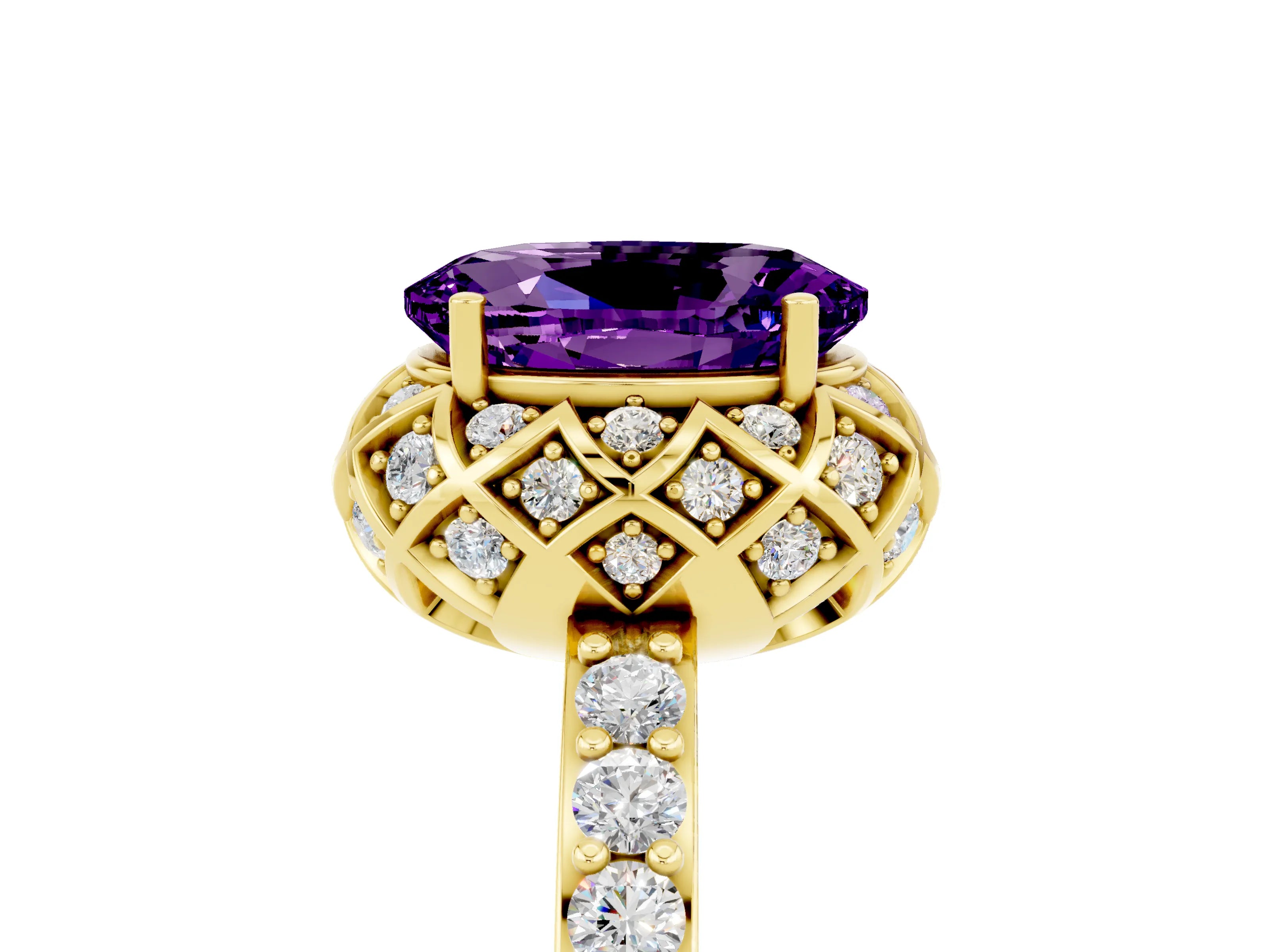 Yellow gold Oval Cut Diamond Solitaire Ring with Shared Prong Pavé Band_5