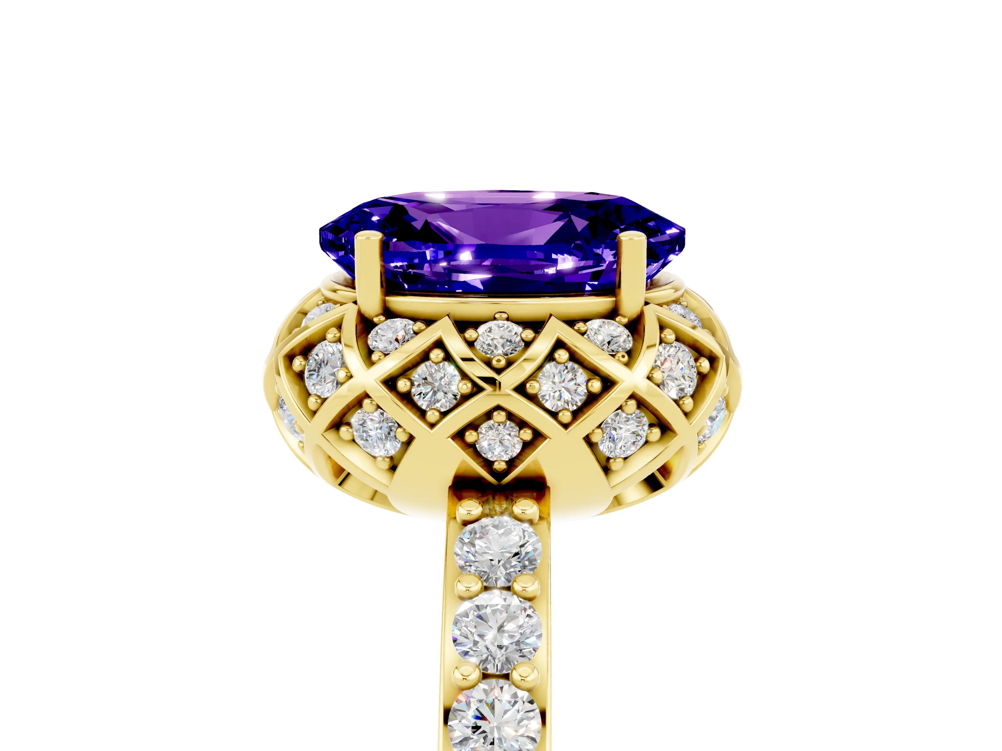 Yellow gold Oval Cut Diamond Solitaire Ring with Shared Prong Pavé Band_5