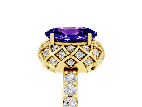 Yellow gold Oval Cut Diamond Solitaire Ring with Shared Prong Pavé Band_5
