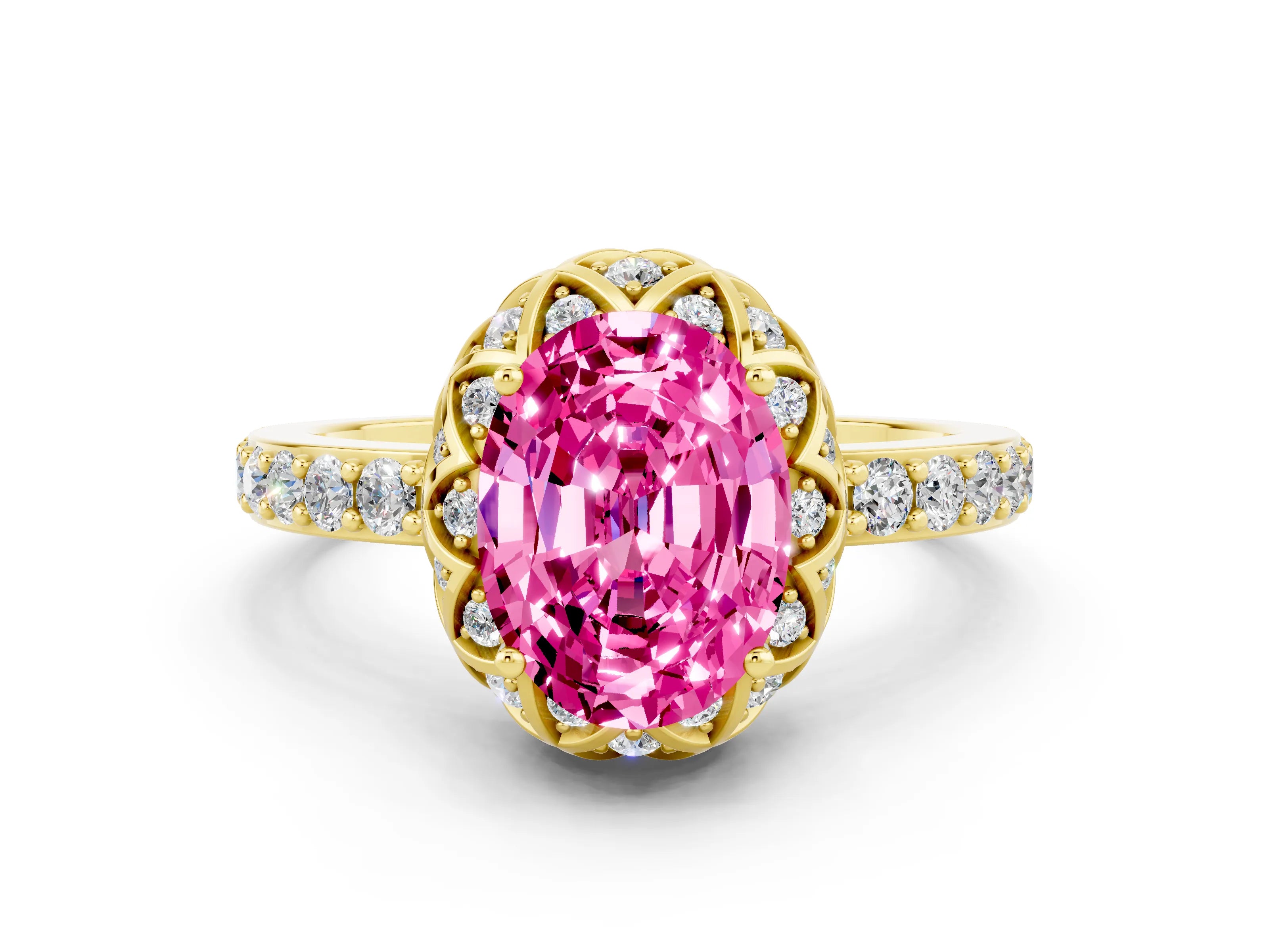 Yellow gold Oval Cut Diamond Solitaire Ring with Shared Prong Pavé Band