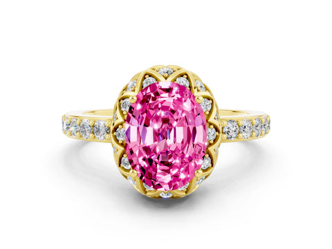 Yellow gold Oval Cut Diamond Solitaire Ring with Shared Prong Pavé Band
