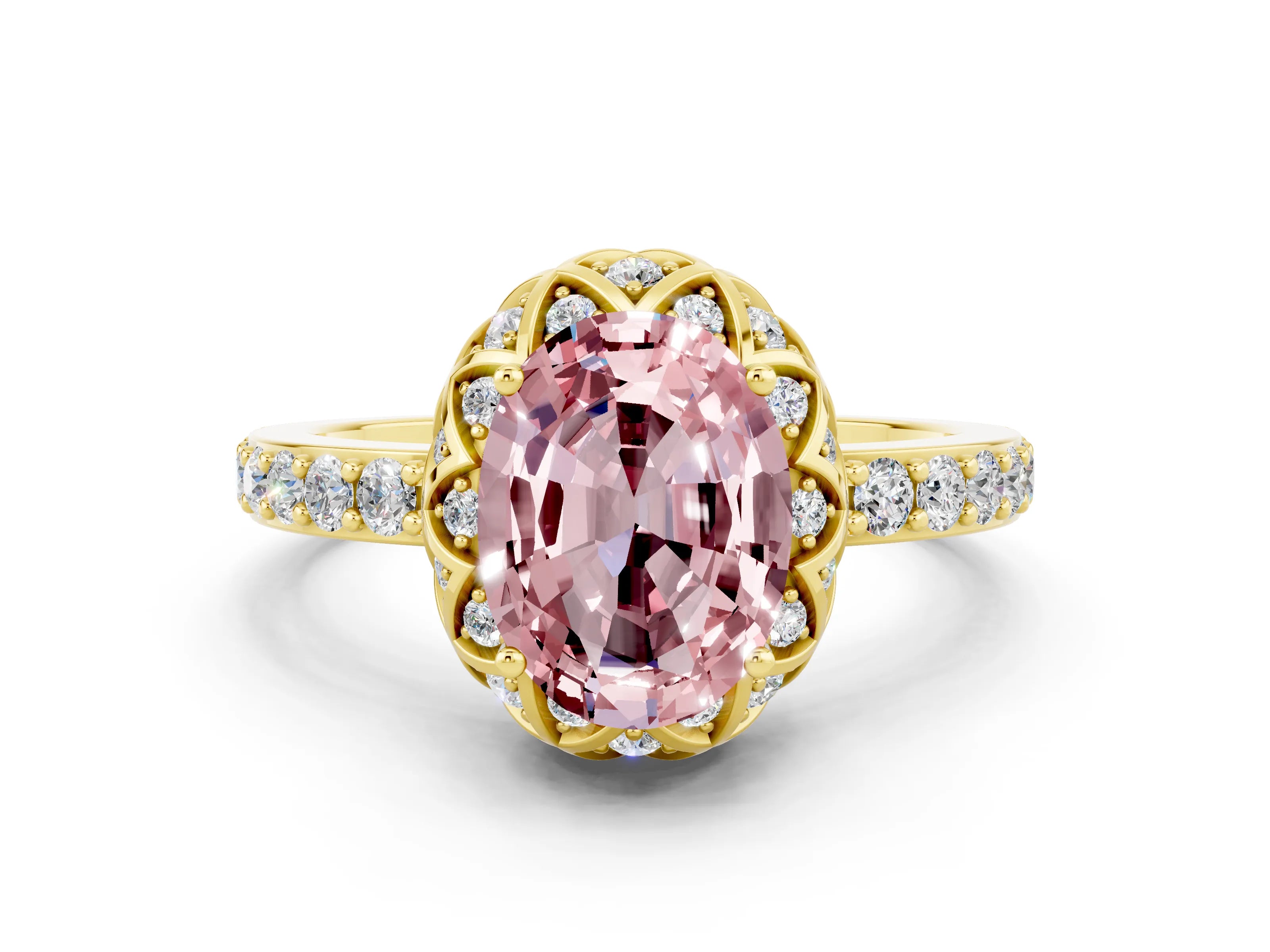 Yellow gold Oval Cut Diamond Solitaire Ring with Shared Prong Pavé Band