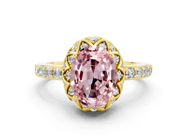Yellow gold Oval Cut Diamond Solitaire Ring with Shared Prong Pavé Band