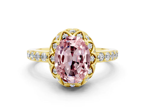 Yellow gold Oval Cut Diamond Solitaire Ring with Shared Prong Pavé Band