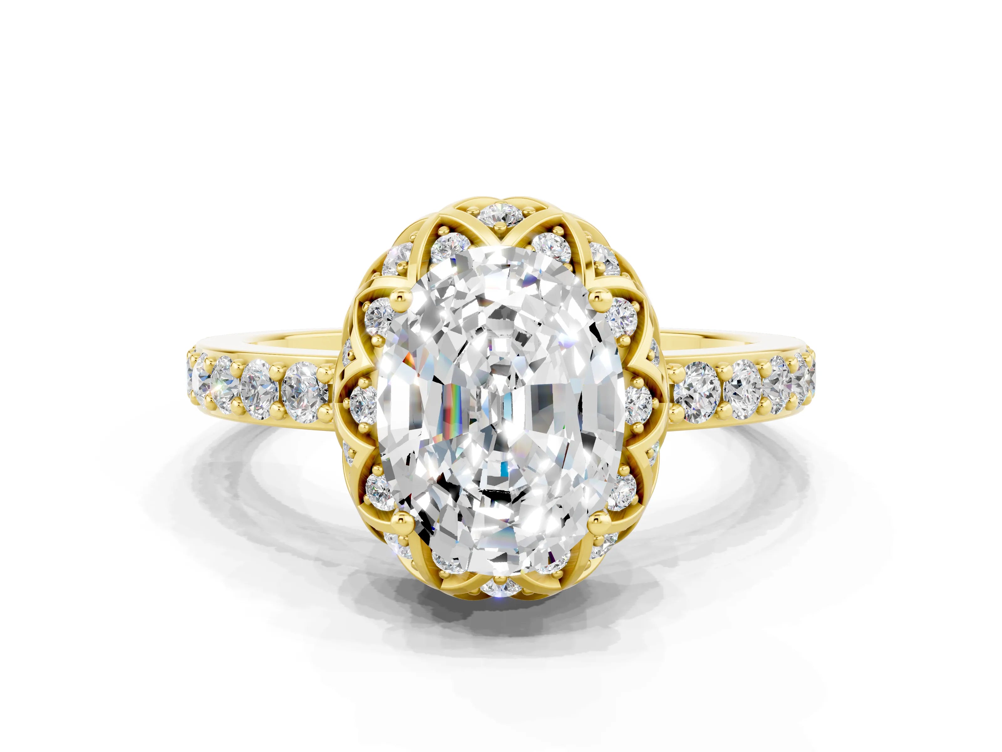 Yellow gold Oval Cut Diamond Solitaire Ring with Shared Prong Pavé Band