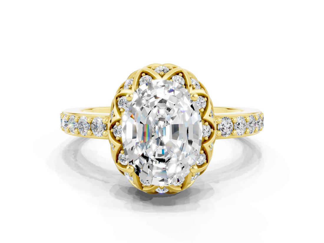 Yellow gold Oval Cut Diamond Solitaire Ring with Shared Prong Pavé Band