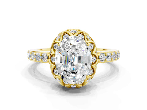 Yellow gold Oval Cut Diamond Solitaire Ring with Shared Prong Pavé Band