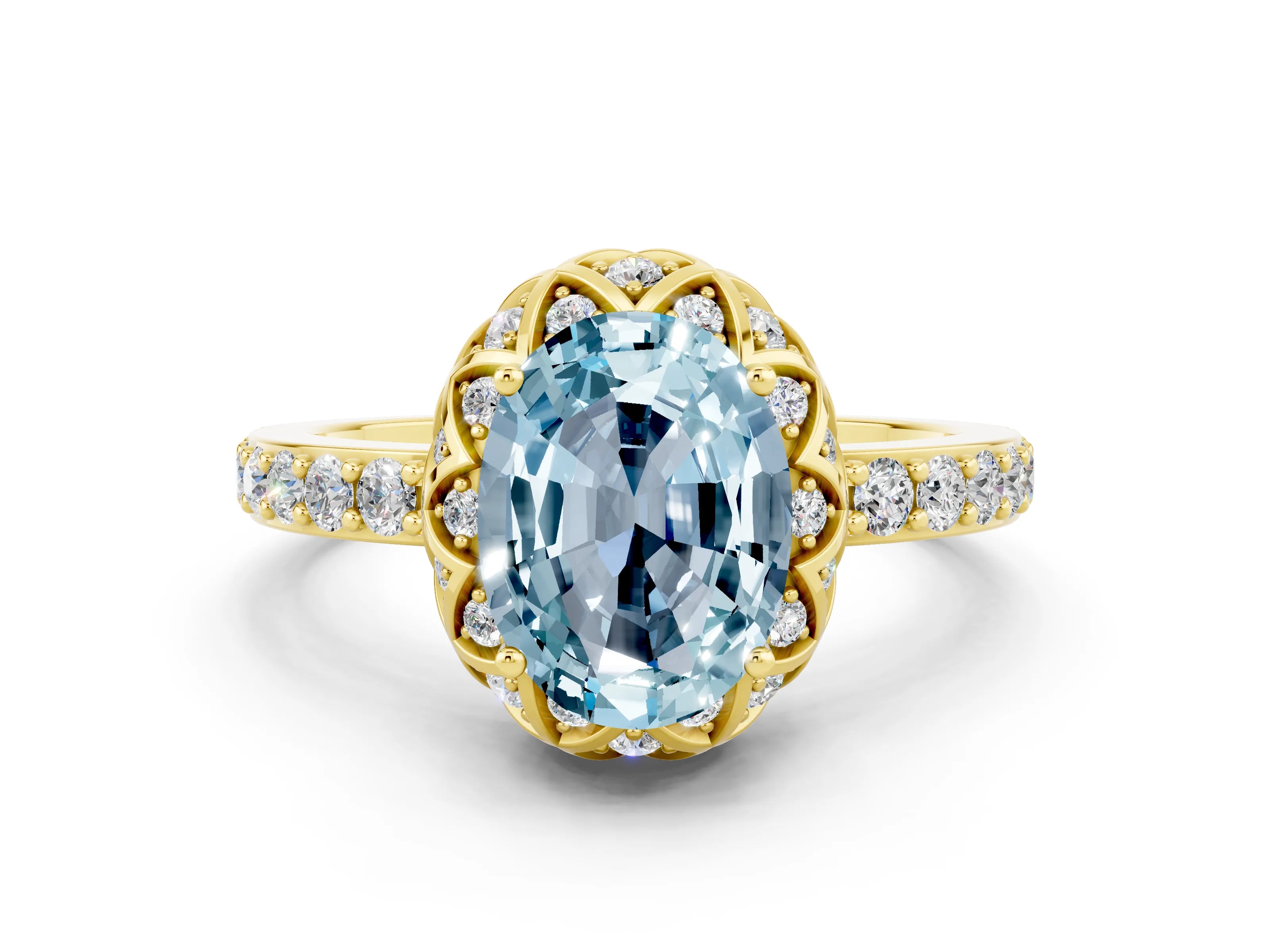 Yellow gold Oval Cut Diamond Solitaire Ring with Shared Prong Pavé Band