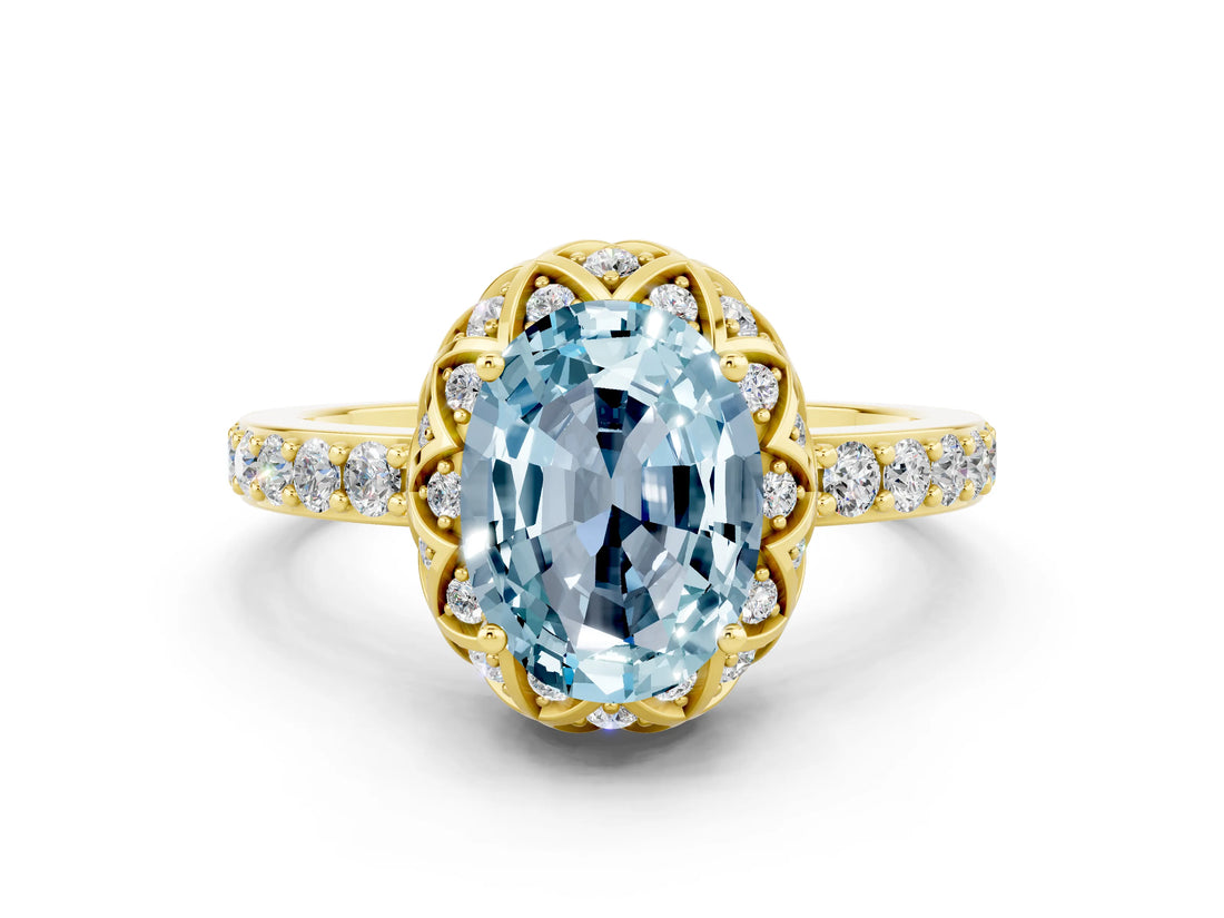 Yellow gold Oval Cut Diamond Solitaire Ring with Shared Prong Pavé Band