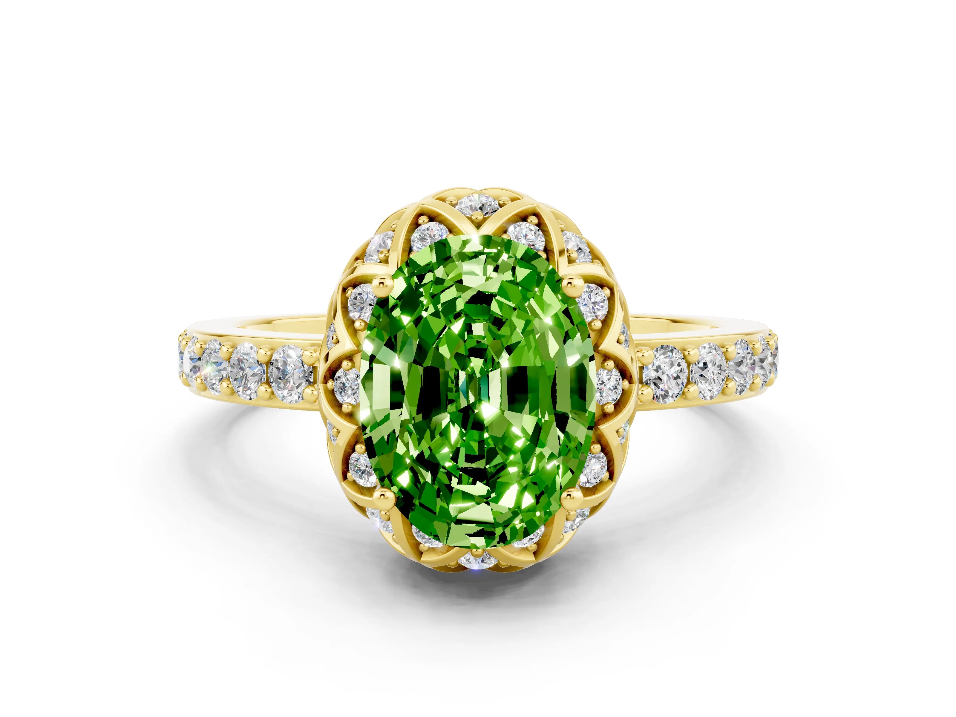 Yellow gold Oval Cut Diamond Solitaire Ring with Shared Prong Pavé Band