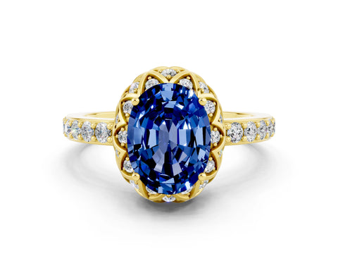 Yellow gold Oval Cut Diamond Solitaire Ring with Shared Prong Pavé Band