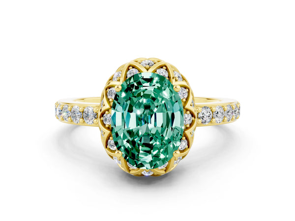 Yellow gold Oval Cut Green Sapphire Scalloped Halo Engagement Ring with Round Shared Prong Band